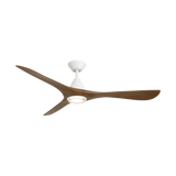 Carve ceiling fan in matte white with distressed koa blades and LED light