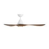 Carve ceiling fan in matte white with distressed koa blades and LED light shown from side