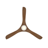 Carve ceiling fan in matte white with distressed koa blades and LED light shown from below