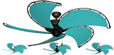 Raindance Ceiling Fan with Aruba Blue Canvas Blades shown in four motor finishes