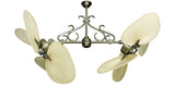 54 inch Twin Star III Double Ceiling Fan with Natural Palm Blades and Antique Brass Motor Finish with Decorative Scroll