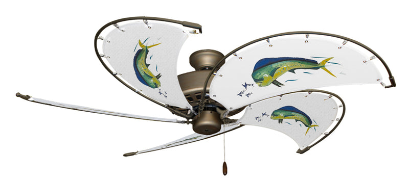 52 inch Nautical Dixie Belle Antique Bronze Ceiling Fan - Dolphin - Game Fish of the Florida Keys Custom Canvas Blades