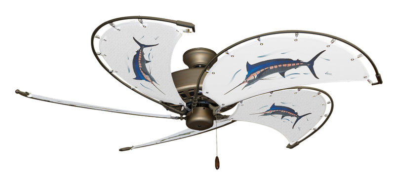 52 inch Nautical Dixie Belle Antique Bronze Ceiling Fan - Marlin - Game Fish of the Florida Keys Custom Canvas Blades