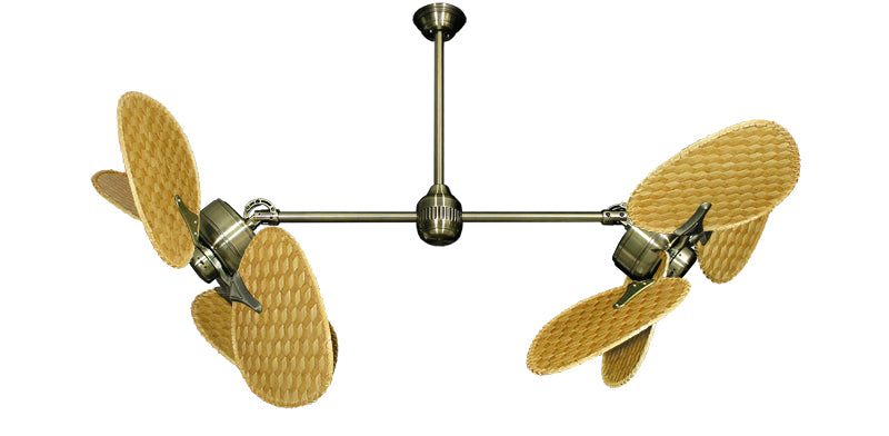 46 inch Twin Star III Double Ceiling Fan - Woven Bamboo Natural Blades, Antique Brass Motor Finish