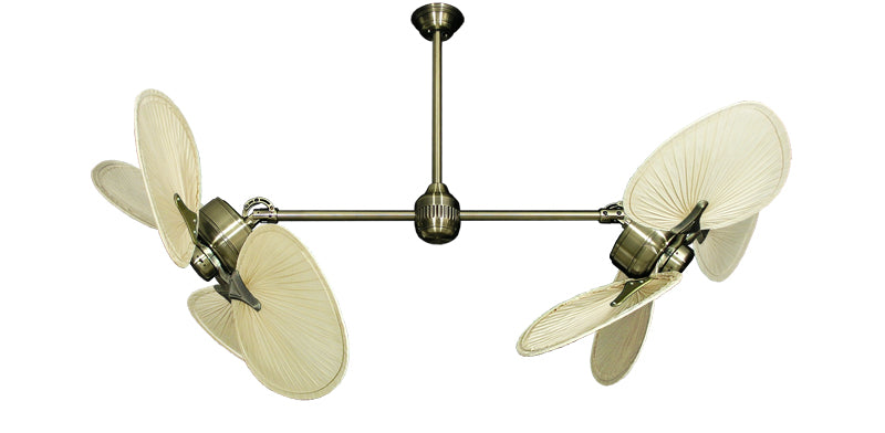 46 inch Twin Star III Double Ceiling Fan - Natural Palm Blades, Antique Brass Motor Finish