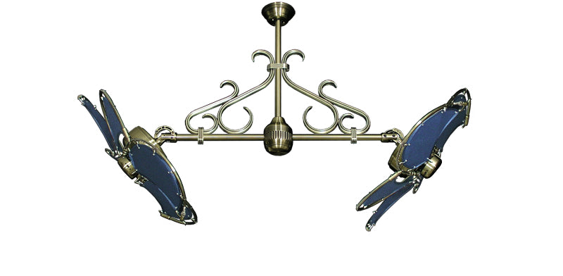 30 inch Twin Star III Double Ceiling Fan - Nautical Blue Blades, Antique Brass Motor Finish and Decorative Scroll