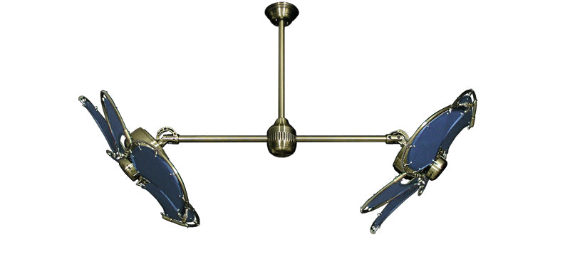 30 inch Twin Star III Double Ceiling Fan - Nautical Blue Blades, Antique Brass Motor Finish