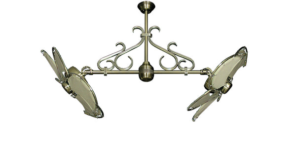 30 inch Twin Star III Double Ceiling Fan - Nautical Khaki Blades, Antique Brass Motor Finish and Decorative Scroll