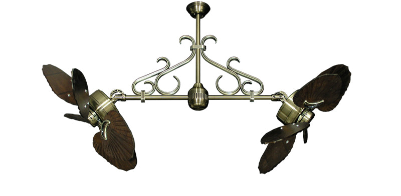 35 inch Twin Star III Double Ceiling Fan -  Arbor 600 Blades, Antique Brass Motor Finish and Decorative Scroll