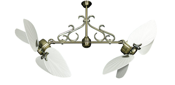 50 inch Twin Star III Double Ceiling Fan - Bombay Pure White Blades, Antique Brass Motor Finish and Decorative Scroll