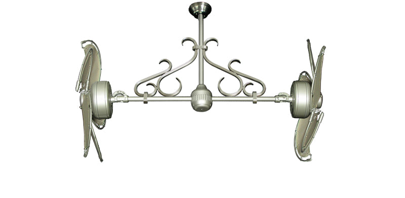 30 inch Twin Star III Double Ceiling Fan - Nautical Khaki Blades, Antique Brass Motor Finish and Decorative Scroll