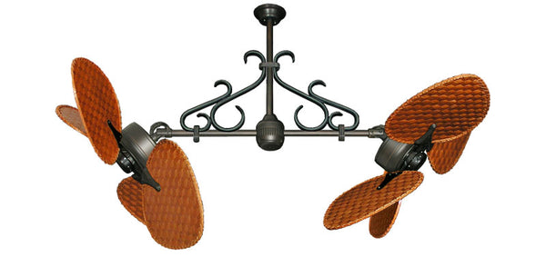 46 inch Twin Star III Double Ceiling Fan - Woven Bamboo Cherry Blades, Oil Rubbed Bronze Motor Finish and Decorative Scroll