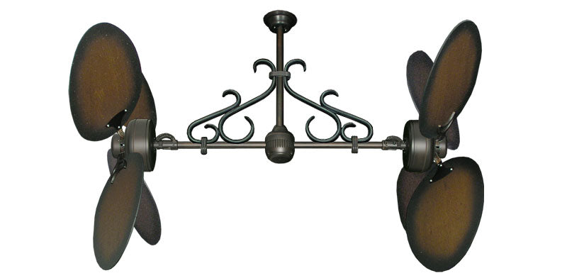 50 inch Twin Star III Double Ceiling Fan - Distressed Walnut Blades, Oil Rubbed Bronze Motor Finish and Decorative Scroll